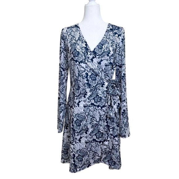 Jean-Pierre Klifa Floral Wrap Dress Blue  White Long Sleeve Stretchy Womens XL - Picture 1 of 8